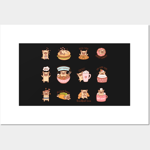 Cute dogs of Pug breed with different food Wall Art by Viaire